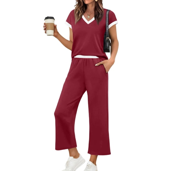 Womens 2 Piece Outfits Matching Sets Summer Outfits Resort Wear Short Sleeve Lounge Set Wide Leg Pants with Pockets