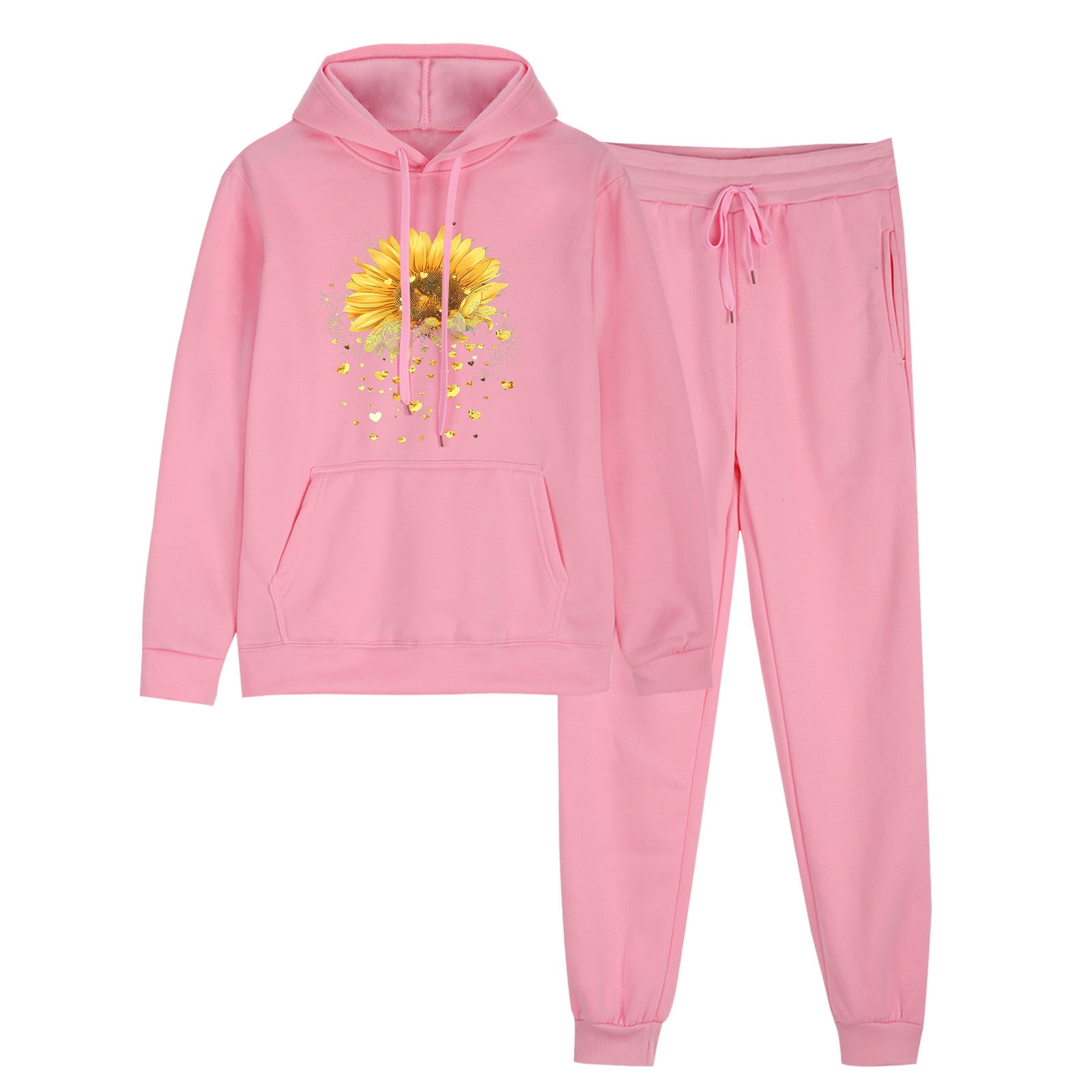 Deals Womens 2 Piece Outfits Matching Sets Sweatsuit Hoodie Heart Print Sweatshirts with Sweatpants Tracksuits Fall Clothes S Pink 03 Walmart