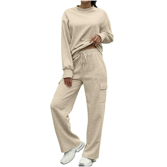 Womens 2 Piece Outfits Mock Neck Long Sleeve Sweatshirt Sweatshirt Fall Fashion Tracksuit Set Beige 2XL