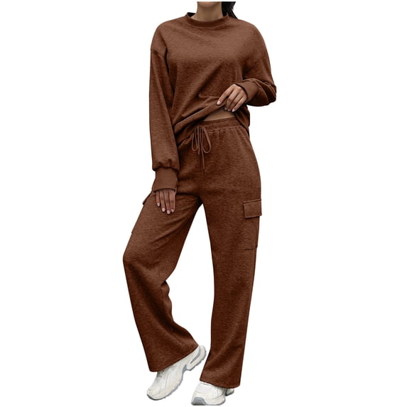 Womens 2 Piece Outfits Mock Neck Long Sleeve Sweatshirt Sweatshirt Fall Fashion Tracksuit Set Brown M