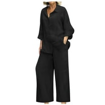 Womens 2 Piece Outfits New Cotton Linen Sets for Women 2 Piece Long Sleeve Shirts and Wide Leg Trousers Loose Fitted Dressy Outfits Sets Black XXL