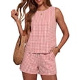 thumbnail image 1 of Womens 2 Piece Outfits Plaid Shorts Sets Summer Crew Neck Sleeveless Tank Top Bottom with Pocket Loungewear Pink, S, 1 of 3