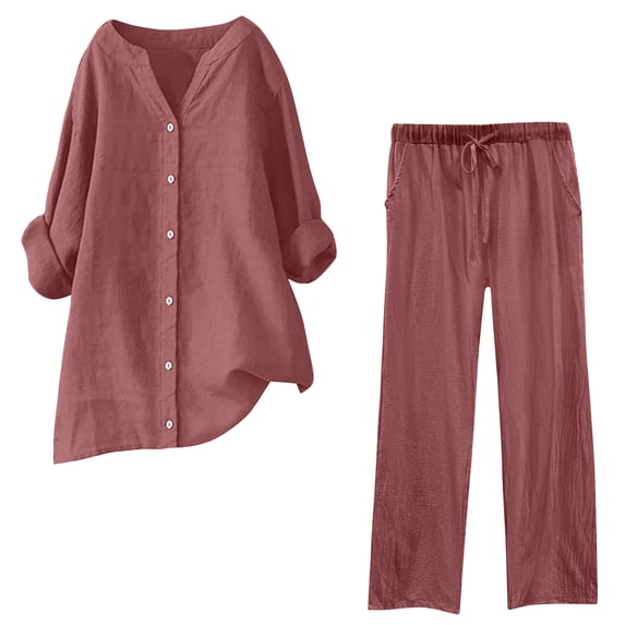 Womens 2 Piece Outfits Plus Size Cotton Linen Set, Long Sleeve Button Shirt Matching Elastic Waist Pants Suit, Womens Spring Outfits Sweat Suits for Womens 2 Piece Joggers XL