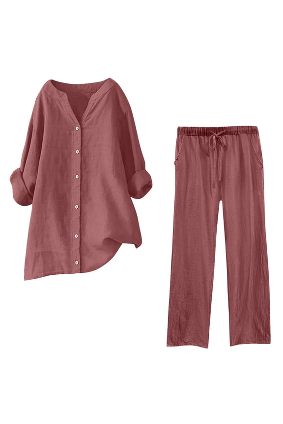 Womens 2 Piece Outfits Plus Size Cotton Linen Set, Long Sleeve Button Shirt Matching Elastic Waist Pants Suit, Womens Spring Outfits Women 2 Piece Cotton Linen Sets 4XL