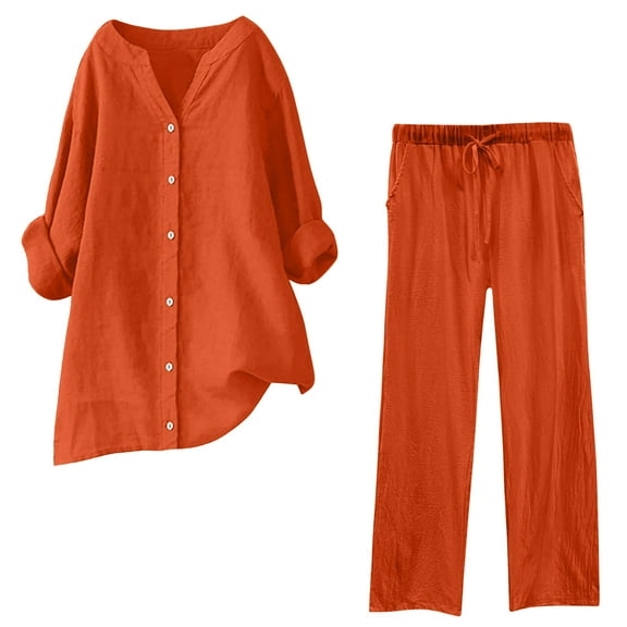 Womens 2 Piece Outfits Plus Size Cotton Linen Set, Long Sleeve Button Shirt Matching Elastic Waist Pants Suit, Womens Spring Outfits Womens Casual 2 Piece Outfits Cotton Linen Sets Orange 3XL