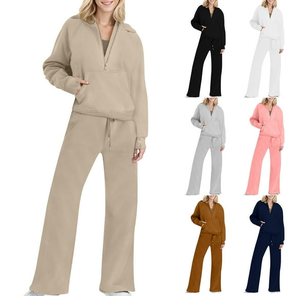 Womens 2 Piece Outfits, Pullover Loose Stand Collar Fall Winter Oversize Sport Gym Vacation Travel Casual Comfortable Lounge Sweatshirt with Wide Leg Pants Sweatsuit Sets with Thumb Hole