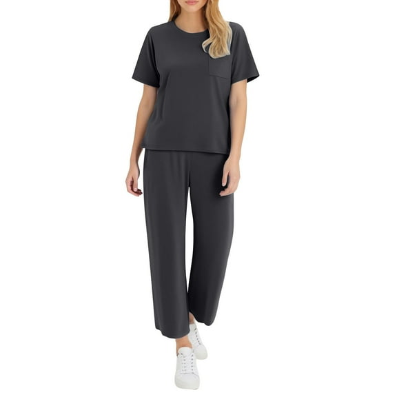 Womens 2 Piece Outfits Casual Travel Outfits Women 2 Piece Pajamas Set Summer Crew Neck Short Sleeve Tops Wide Leg Pants Sets Pocket Vacation Outfits Matching Sets New Dark Gray M