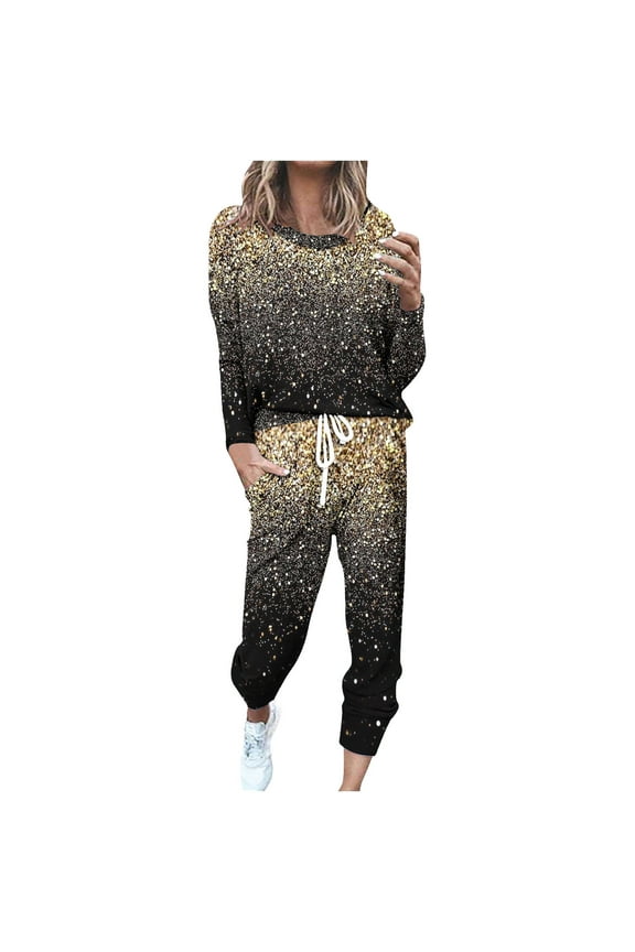 Womens 2 Piece Outfits Sequins Print Long Sleeve Pullover Tops and Drawstring Pants Comfy Lounge Sets Fall Tracksuits