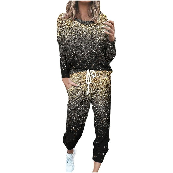 Womens 2 Piece Outfits Sequins Print Long Sleeve Pullover Tops and Drawstring Pants Comfy Lounge Sets Fall Tracksuits