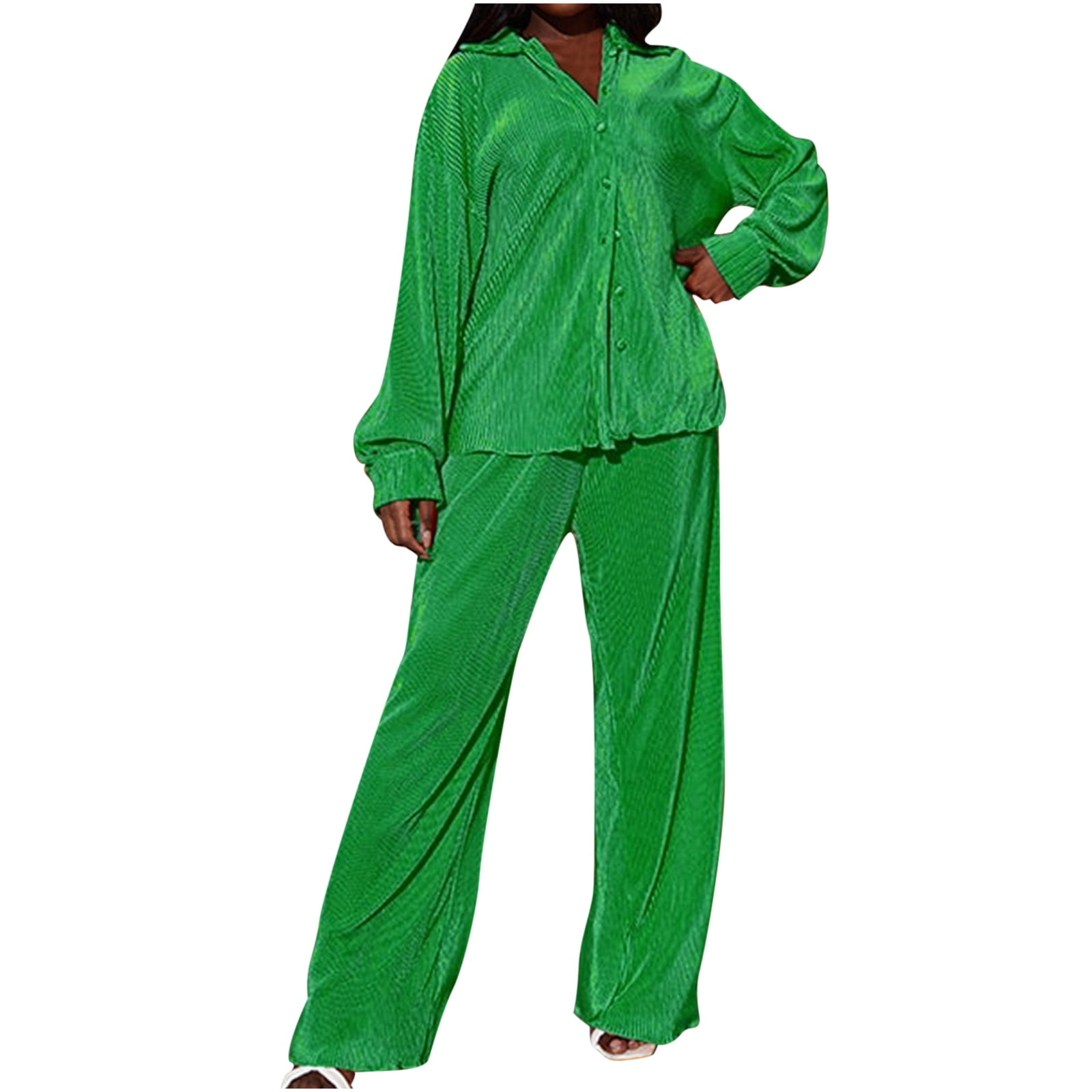 Womens 2 Piece Outfits Sets Long Sleeve Button Down Shirts and Casual Loose Wide Leg Pants Suit