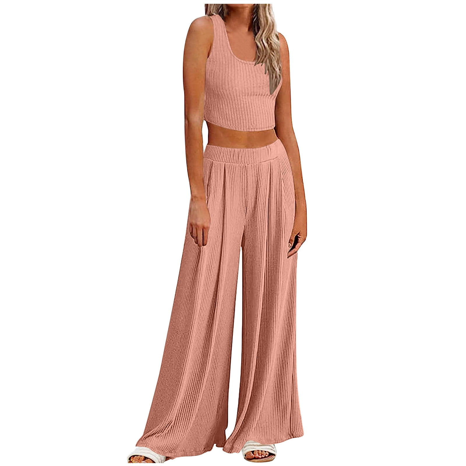 Womens 2 Piece Outfits Sexy Ribbed Knit Sleeveless Crop Top Vest High Waist  Wide Leg Palazzo Pants Party Clubwear 