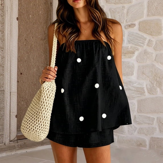 Womens 2 Piece Outfits Short Sets Strapless Summer Polka Dot Shorts Casual Loose Fit Tank Top Vacation Shorts Matching Sets Black S