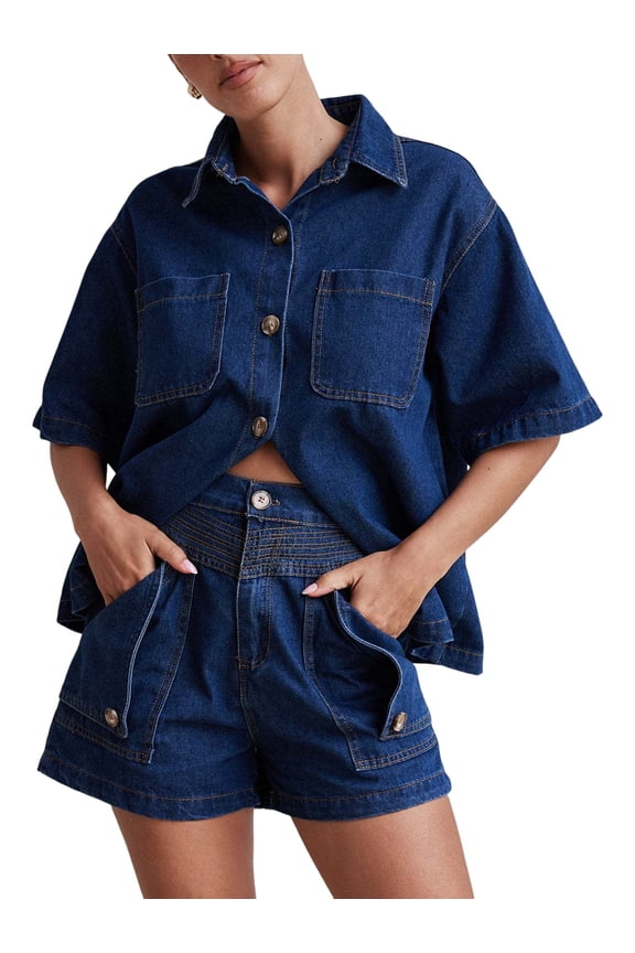 Womens 2 Piece Outfits Short Sleeve Button Down Crop Blue Jean Shirts High Waist Denim Shorts Sets Dark Blue M