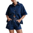 thumbnail image 1 of Womens 2 Piece Outfits Short Sleeve Button Down Crop Blue Jean Shirts High Waist Denim Shorts Sets Dark Blue XXL, 1 of 8