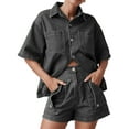 thumbnail image 1 of Womens 2 Piece Outfits Short Sleeve Button Down Crop Blue Jean Shirts High Waist Denim Shorts Sets Grey S, 1 of 6