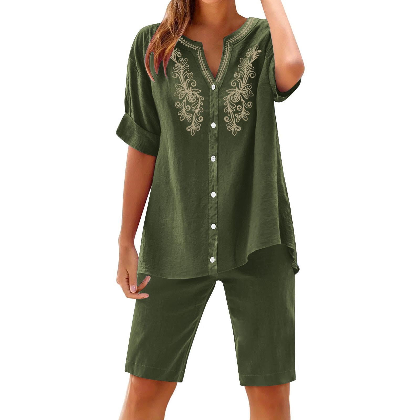 Womens 2 Piece Outfits Short Sleeve Cotton Linen Embroidered Shirts Wide Leg Capri Pants Matching Sets