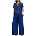 thumbnail image 1 of Womens 2 Piece Outfits Short Sleeve Cotton Linen Embroidered Shirts Wide Leg Capri Pants with Pockets Matching Sets, 1 of 6