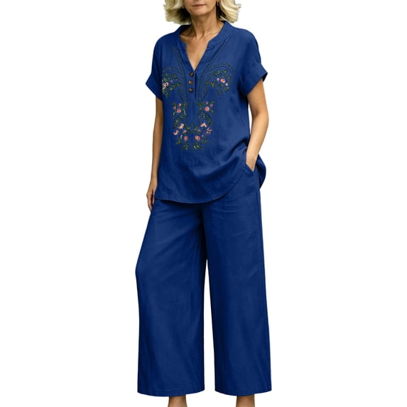Womens 2 Piece Outfits Short Sleeve Cotton Linen Embroidered Shirts Wide Leg Capri Pants with Pockets Matching Sets
