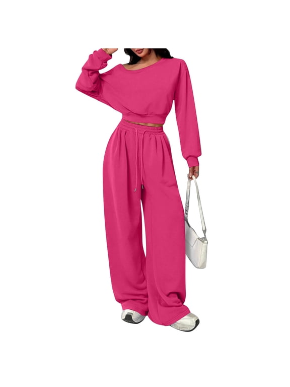 Womens 2 Piece Outfits Off The Shoulder Long Sleeve Tops and Wide Leg Sweatpant Sets,Oversized Tracksuit Outfits,Fashion Lounge Wear Sets,Jogger Loose Loungewear Gym Fitness Activewear Set Hot Pink