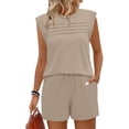 thumbnail image 1 of Womens 2 Piece Outfits Sleeveless Matching Set Casual Pleated Tank Tops Summer Lounge Shorts Sets Khaki, 2XL, 1 of 7