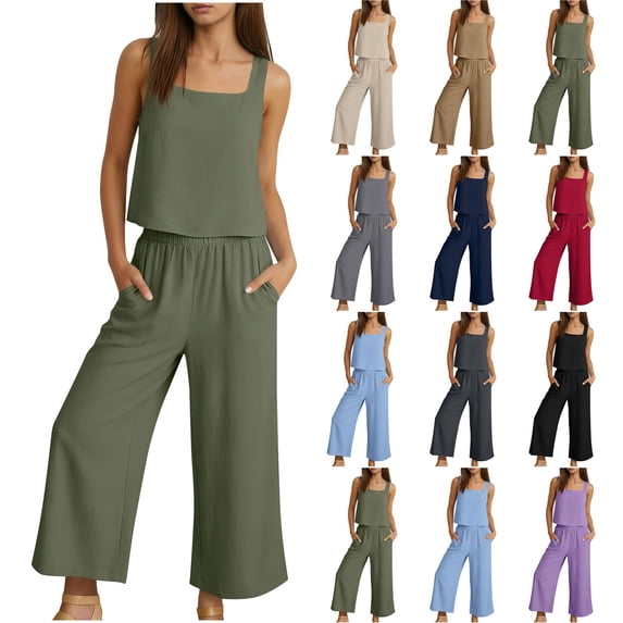 Womens 2 Piece Outfits Sleeveless Square Neck Tank Top and Wide Leg Pants Set Casual Loose Fit Summer Lounge Matching Set with Pockets