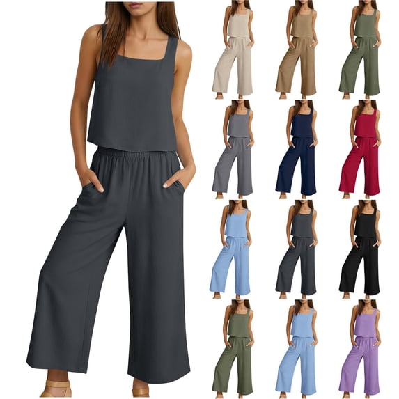 Womens 2 Piece Outfits Sleeveless Square Neck Tank Top and Wide Leg Pants Set Casual Loose Fit Summer Lounge Matching Set with Pockets