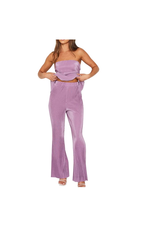 Womens 2 Piece Outfits Strapless Off Shoulder Tube Tops Pleated Wide Leg Pants Suits Summer Trendy Vacation Outfits