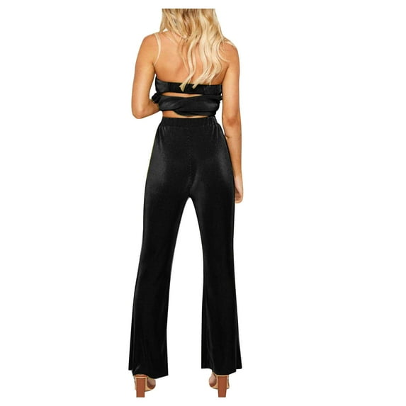 Womens 2 Piece Outfits Strapless Off Shoulder Tube Tops Pleated Wide Leg Pants Suits Summer Trendy Vacation Outfits