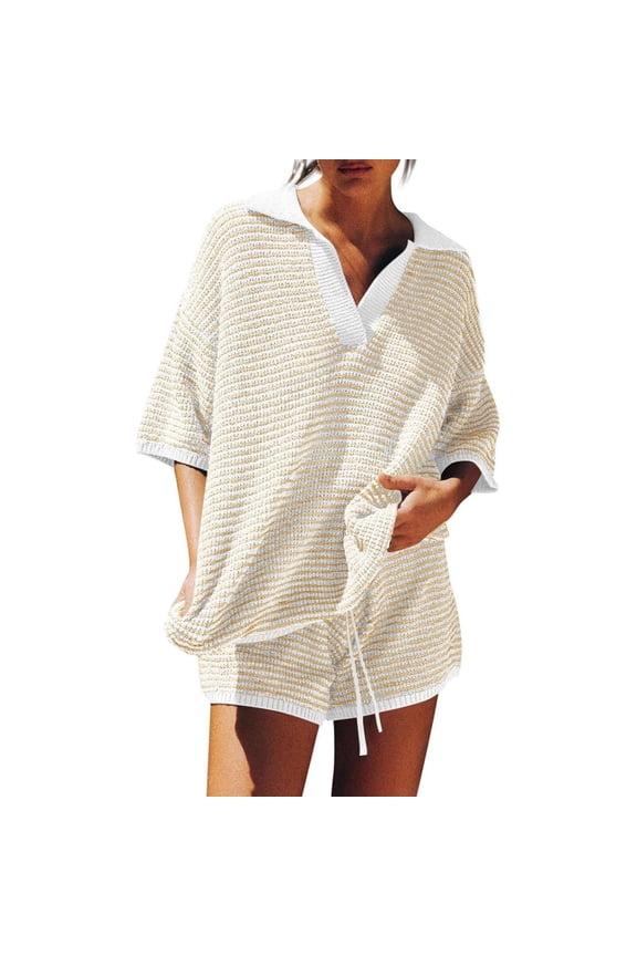 Womens 2 Piece Outfits Striped Knit Travel Matching Sets Henley V Neck Sweater Tops Shorts Fall Lounge Clothes