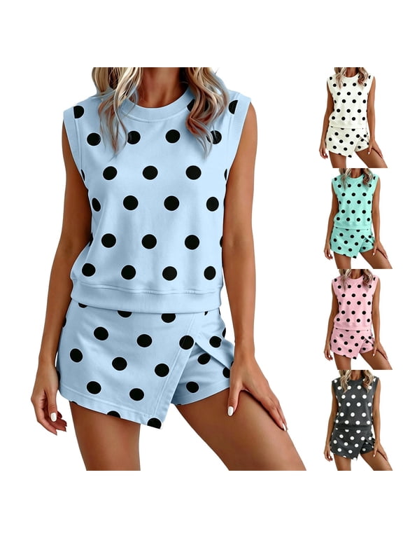 Womens 2 Piece Outfits Summer Casual Sleeveless Polka dots Tank Tops Matching Split Mini Skort Lounge Travel Set Vacation Skirt Sets, S