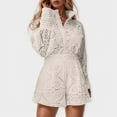 thumbnail image 1 of Womens 2 Piece Outfits Summer Casual Solid Collar Lace Shorts & Long Sleeve Suit, 1 of 3