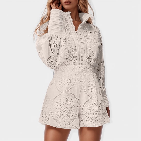 Womens 2 Piece Outfits Summer Casual Solid Collar Lace Shorts & Long Sleeve Suit