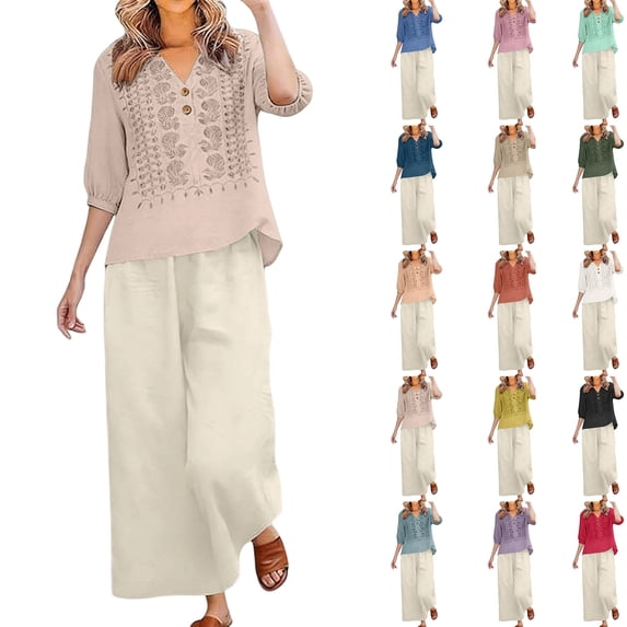Womens 2 Piece Outfits Summer Cotton Linen Casual Matching Sets Lounge ...