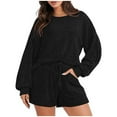 thumbnail image 1 of Womens 2 Piece Outfits Summer Knit Long Sleeve Top and Shorts Set Solid Color Sweatsuits Crew Neck Sweater Blouse (Black S）, 1 of 1