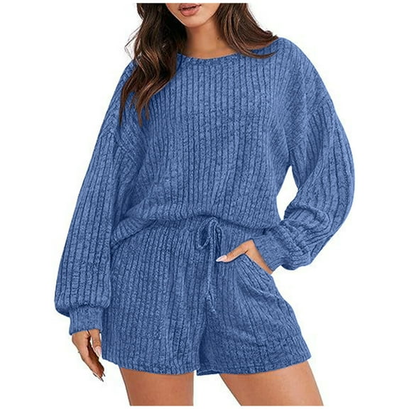 Womens 2 Piece Outfits Summer Knit Long Sleeve Top and Shorts Set Solid Color Sweatsuits Crew Neck Sweater Blouse (Blue S)