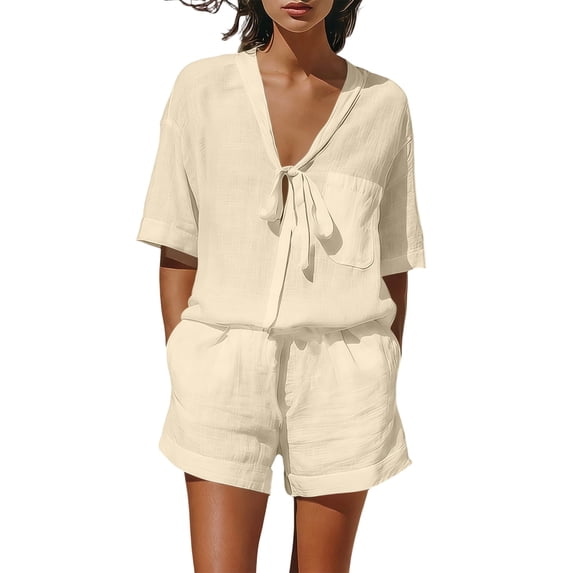 Womens 2 Piece Outfits Summer Linen Shorts Set Tie Front Short Sleeve Blouse Loose Beach Travel Sets with Pockets