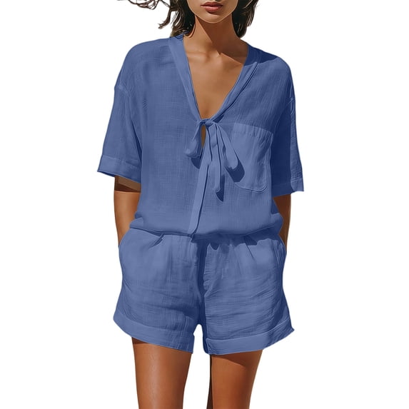 Womens 2 Piece Outfits Summer Linen Shorts Set Tie Front Short Sleeve Blouse Loose Beach Travel Sets with Pockets