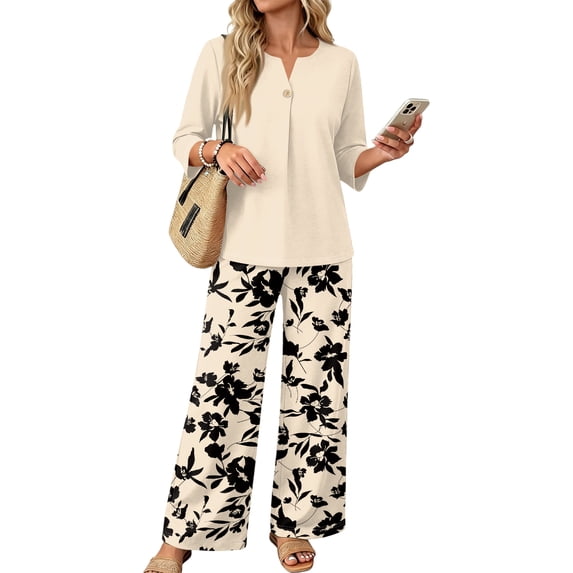 Womens 2 Piece Outfits Summer Outfits Wide Leg Long Pants Lounge Sets Airport Beach Vacation Clothes