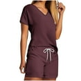 thumbnail image 1 of Womens 2 Piece Outfits Summer Short Sleeve V-Neck Blouses & Shirts Sets 2PC Women's V Neck Shorts Sleeve Two-piece Comfortable Home Pajamas Set Sports Set 2 Piece Set Wine s, 1 of 5
