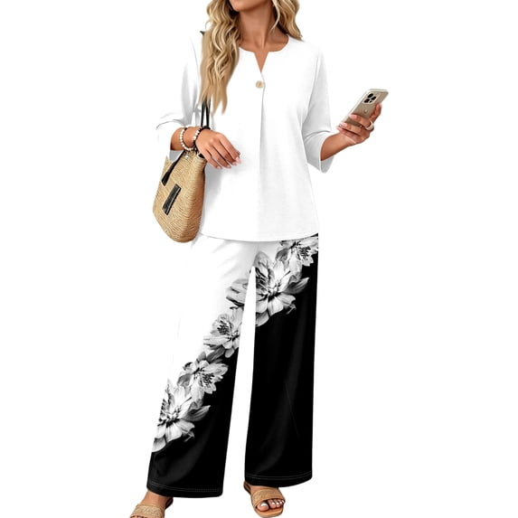Womens 2 Piece Outfits Summer Three Quarter Sleeve Button Vneck Tops Long Pants Matching Sets Airport Beach Vacation Clothes