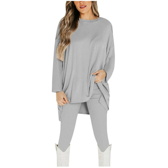 Womens 2 Piece Outfits Summer Yoga Long Sleeve Sets Solid Color Long Sleeve Top Pants Suit Casual Sweatsuit Plus Size (Gray 3XL）