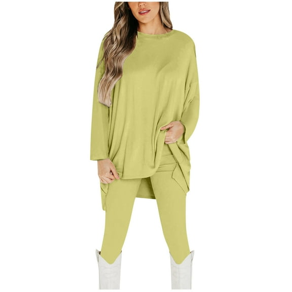 Womens 2 Piece Outfits Summer Yoga Long Sleeve Sets Solid Color Long Sleeve Top Pants Suit Casual Sweatsuit Plus Size (Yellow XL)