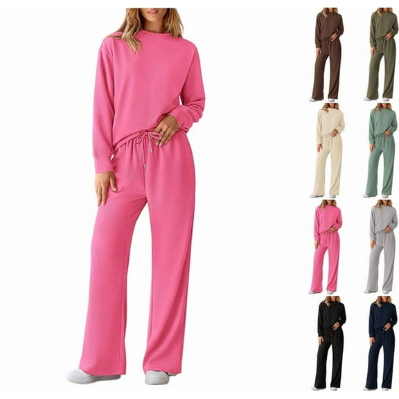 Womens 2 Piece Outfits Sweatsuit Set 2025 Fall Sweatshirt Wide Leg Drawstring Sweatpant Lounge Set Tracksuit Pink L