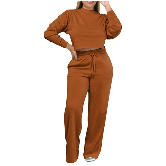 Womens 2 Piece Outfits Sweatsuit Sets Casual Crew Neck Long Sleeve Brown Fall Fashion Sweatpants ( 2XL )