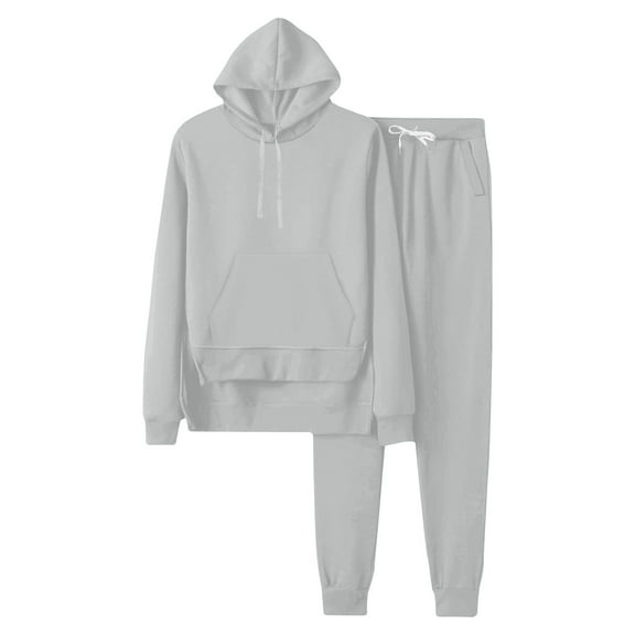 Womens 2 Piece Outfits Sweatsuit Sets Casual Drawstring Loose Long Sleeve Solid Hooded Pocket Gray Fall Fashion Sweatpants ( 2XL )