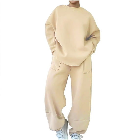 Womens 2 Piece Outfits Sweatsuit Sets Long Sleeve Round Neck Plus Size Solid Color Thickened Casual Khaki Fall Fashion Sweatpants ( 4XL )