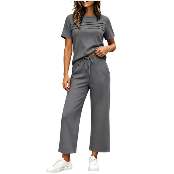 Womens 2 Piece Outfits Sweatsuit Short Sleeve Tops and Drawstring Waist Cropped Wide Leg Pants Lounge Workout Sets