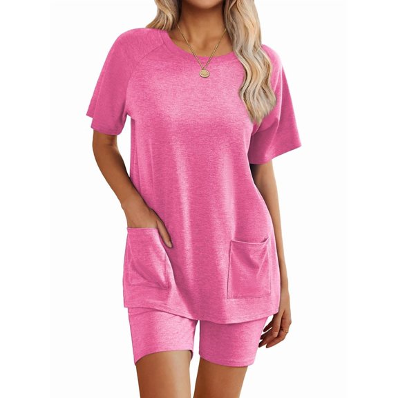 Womens 2 Piece Outfits Sweatsuits Summer Short Sleeve Loungewear Tracksuit Round Neck Lounge Shorts Sets Rose Red L