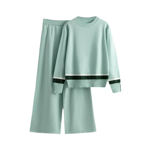Womens 2 Piece Outfits Usmixi Knitted Lounge Sets for Women Long Sleeve Sweater Top and High Waist Wide Leg Pant Two Piece Set Casual Color Block Homewear Sets Under $5