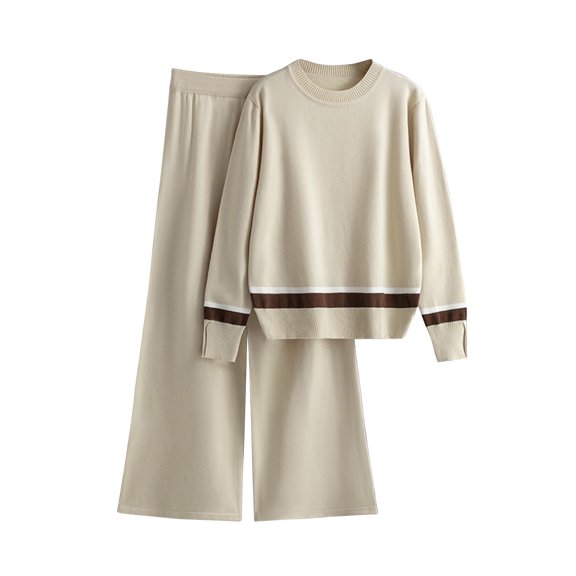 Womens 2 Piece Outfits Usmixi Knitted Lounge Sets for Women Long Sleeve Sweater Top and High Waist Wide Leg Pant Two Piece Set Casual Color Block Homewear Sets Under $5